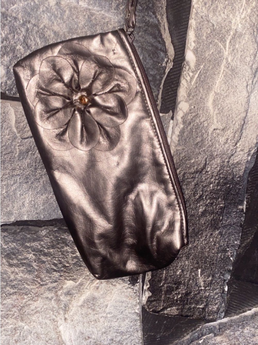 Sephora Metallic Brown Floral Applique Wristlet Clutch